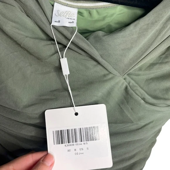 NWT Selfie Leslie Olive Moonrise Off The Shoulder Long Sleeve Rouched Mini Dress - Picture 6 of 7